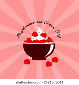 National Raspberries and Cream Day event food banner.  Bowl of raspberries with vanilla cream on pink background to celebrate on August 7th