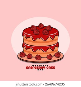 National Raspberry Cake Day to celebrate on July 31st. Delicious two-tier cake topped with fresh raspberries on pink background. Dessert event banner