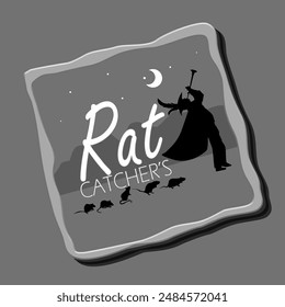 National Rat Catcher's Day event banner. Illustration of a trumpeter followed by several mice at night in frame on gray background to celebrate on July 22nd