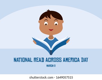 National Read Across America Day vector. Little reader with book vector. Little boy reading a book vector. Boy with book cartoon character. Student with book illustration. Important day