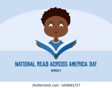 National Read Across America Day vector. Little reader with book vector. Afro american boy reading a book vector. Boy with book cartoon character. Student with book illustration. Important day