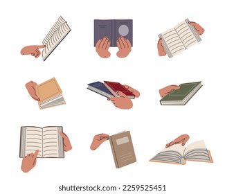 National Read Across America Day. Hands hold books for reading, textbooks for training. A set of literature, dictionaries, encyclopedias, planners.