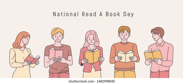 Dia nacional de ler um livro. As pessoas estão de pé lado a lado segurando livros e lendo. ilustração vetorial minimalista estilo design plano.