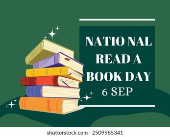 National read a book day poster with pile of books in green background and white font, 6th September.