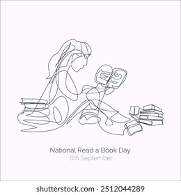 National Read a Book Day vector, illustration. hand drawn concept of girl reading book. September 6.