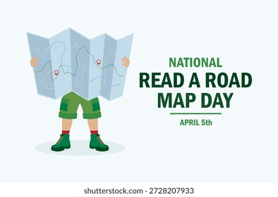 Ilustración vectorial de carteles del Día Nacional de la Lectura de una Hoja de Ruta. Viajero usando una caricatura de mapa de papel. Persona con botas de senderismo y un icono de mapa de papel. Plantilla para el fondo, Anuncio, tarjeta. 5 de abril de cada año