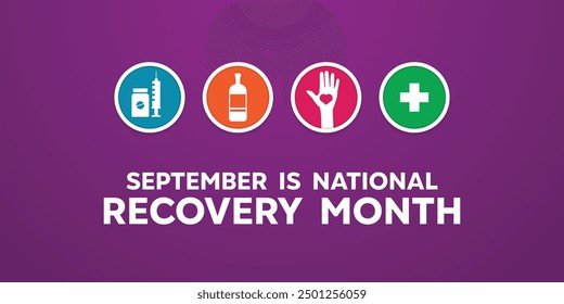 National Recovery Month. Medicine, drink, hand, heart and plus icon. Great for cards, banners, posters, social media and more. Purple background.