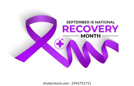 National Recovery Month wird jeden September in den Vereinigten Staaten beobachtet, um das Bewusstsein über psychische Gesundheit und Substanzgebrauch zu erhöhen.Calligraphy Realistic Teal Ribbon. Bannerplakat, Flyer und Hintergrund