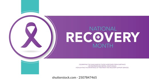 National Recovery Month is observed every September in the United States to raise awareness about mental health and substance use.Calligraphy Realistic Teal Ribbon. Banner poster, flyer and background