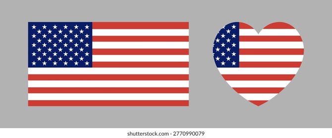 National rectangular, heart flag of the United States badge. American flag rectangle, heart icon. U.S. flag button. United States of America heart, square flag sticker, background set.
