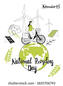 National Recycling Day Concept.Girl Travelling On Bicycle Around Green Earth.Safe Our Planet,nature And Enviroment Protection.Greeting Card Or Design Poster.Solar And Wind Energy In City.Plastic Free