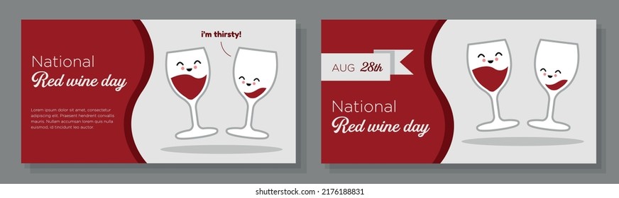 National red wine day online banner template set, delicious alcoholic beverage celebration advertisement, traditional cute kawaii wine glass horizontal ad, August 28th,  content marketing post