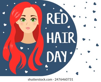 National Redhead Day. Beautiful girl with long red hair and hearts. Cute girl with  red hair. Redhead Day Poster.