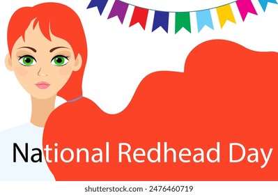 National Redhead Day. Beautiful red-haired girl and flags. Cute girl with  red hair. Redhead Day Poster. 