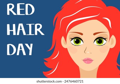 National Redhead Day. Beautiful red-haired girl on a dark blue background. Cute girl with  red hair.