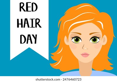 National Redhead Day. Beautiful red-haired girl on a blue background. Cute girl with  red hair. Redhead Day Poster. 