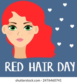 National Redhead Day. Beautiful red-haired girl and hearts. Cute girl with  red hair. Redhead Day Poster.