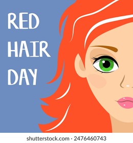 National Redhead Day. Beautiful red-haired girl with green eyes. Cute girl with  red hair. Redhead Day Poster. 