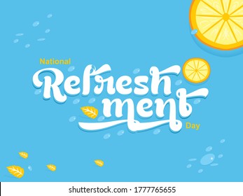 National Refreshment Day Creative Design with Blue background, white letters and ice with yellow lemon