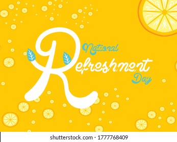 National Refreshment Day Creative Design with Yellow base and white letters with lemon leave and lemon slice 