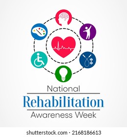 National Rehabilitation awareness week is observed every year in September, it is a branch of medicine that aims to enhance and restore functional ability and quality of life. Vector illustration