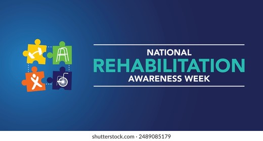 National Rehabilitation awareness week is observed every year in September, it is a branch of medicine that aims to enhance and restore functional ability and quality of life. Vector illustration