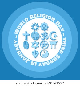 National Religious Freedom Day to celebrate on January 16th. Religious symbols in circle frame on dark teal background.