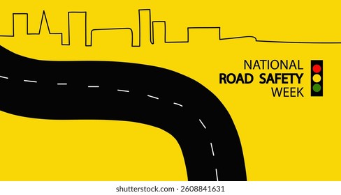 national Road safety week vector banner. National Road Safety Week poster featuring an abstract cityscape skyline, black winding road with dashed lines and traffic light, promoting awareness campaign