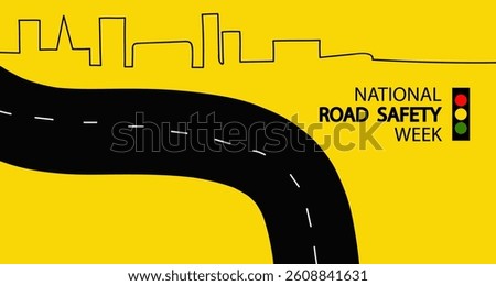 national Road safety week vector banner. National Road Safety Week poster featuring an abstract cityscape skyline, black winding road with dashed lines and traffic light, promoting awareness campaign