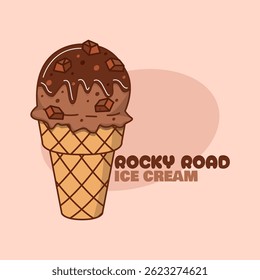National Rocky Road Day to celebrate on June 2nd. A chocolate ice cream cone named rocky road ice cream with bold text on beige background.