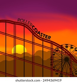 National Roller Coaster Day event banner. Illustration of a roller coaster with a Ferris wheel at sunset to celebrate on August 16