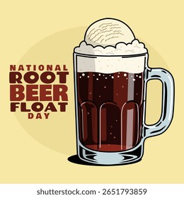 National Root Beer Float Day to celebrate on August 6th. A glass of root beer soda topped with vanilla ice cream on a bright yellow background. Drink even banner.