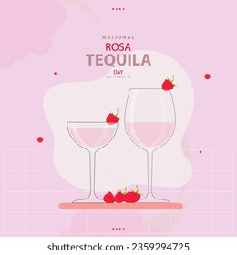 Día Nacional Rosa Tequila el 14 de septiembre, ilustración vectorial dos vasos llenos de rosa tequila, algo de frambuesa, podio y texto aislados en fondo abstracto para celebrar y conmemorar.