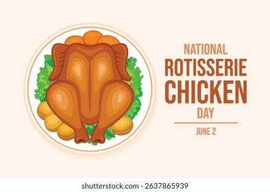 National Rotisserie Chicken Day poster vector illustration. Roasted chicken with garnish on a plate vector. Whole grilled chicken top view drawing. Template for background, banner, card. 2 June