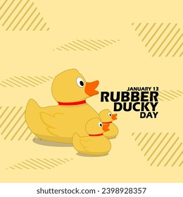 National Rubber Ducky Day event banner. Several rubber duck toys with bold text on light yellow background to celebrate on January 13