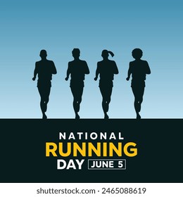 National Running Day. Great for cards, banners, posters, social media and more. Blue sky background.