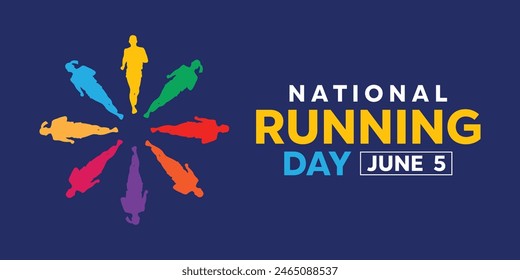 National Running Day. People and colorful. Great for cards, banners, posters, social media and more. Blue background.