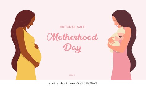 National Safe Motherhood Day Banner. Pregnant woman. Woman with a newborn baby. Vector illustration in a flat style. Isolated on a white background.