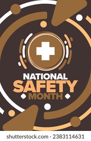 National Safety Month in June. Annual month-long celebrated in United States. Warning of unintentional injuries at work, at home, on the road. Safety concept. Poster, card, banner and background