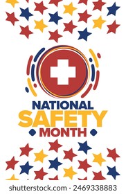 National Safety Month in June. Annual month-long celebrated in United States. Warning of unintentional injuries at work, at home, on the road. Safety concept. Poster, card, banner and background
