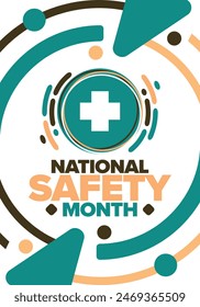 National Safety Month in June. Annual month-long celebrated in United States. Warning of unintentional injuries at work, at home, on the road. Safety concept. Poster, card, banner and background