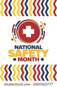 National Safety Month in June. Annual month-long celebrated in United States. Warning of unintentional injuries at work, at home, on the road. Safety concept. Poster, card, banner and background
