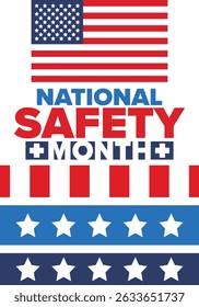 National Safety Month in June. Annual month-long celebrated in United States. Warning of unintentional injuries at work, at home, on the road. Safety concept. Poster, card, banner and background