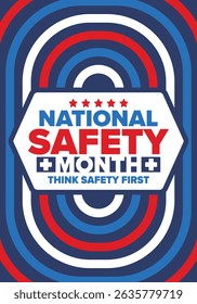 National Safety Month in June. Annual month-long celebrated in United States. Warning of unintentional injuries at work, at home, on the road. Safety concept. Poster, card, banner and background