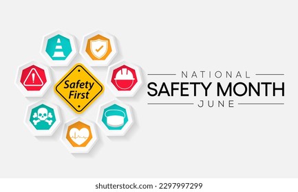 National safety month is observed every year in June to remind us the importance of safety and awareness of our surroundings. Vector illustration