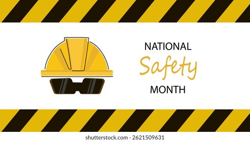 National safety month text with yellow construction hard hat and sunglasses on a yellow and white background with sparkles for industry workplace security. vector line art illustration