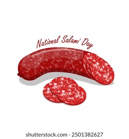 National Salami Day event food banner. A Salami is a cured, fermented and dried sausage with its slices on a white background to celebrate on September 7th