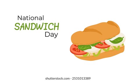 National Sandwich Day banner with colorful sandwiches filled with fresh vegetables, cheese and meat. Design for holiday promotions, or culinary projects.