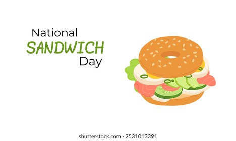 National Sandwich Day banner with colorful sandwiches filled with fresh vegetables, cheese and meat. Design for holiday promotions, or culinary projects.
