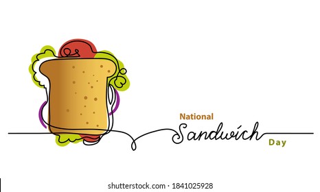 National Sandwich Day line vector banner, background, poster. One continuous line drawing with lettering Sandwich.